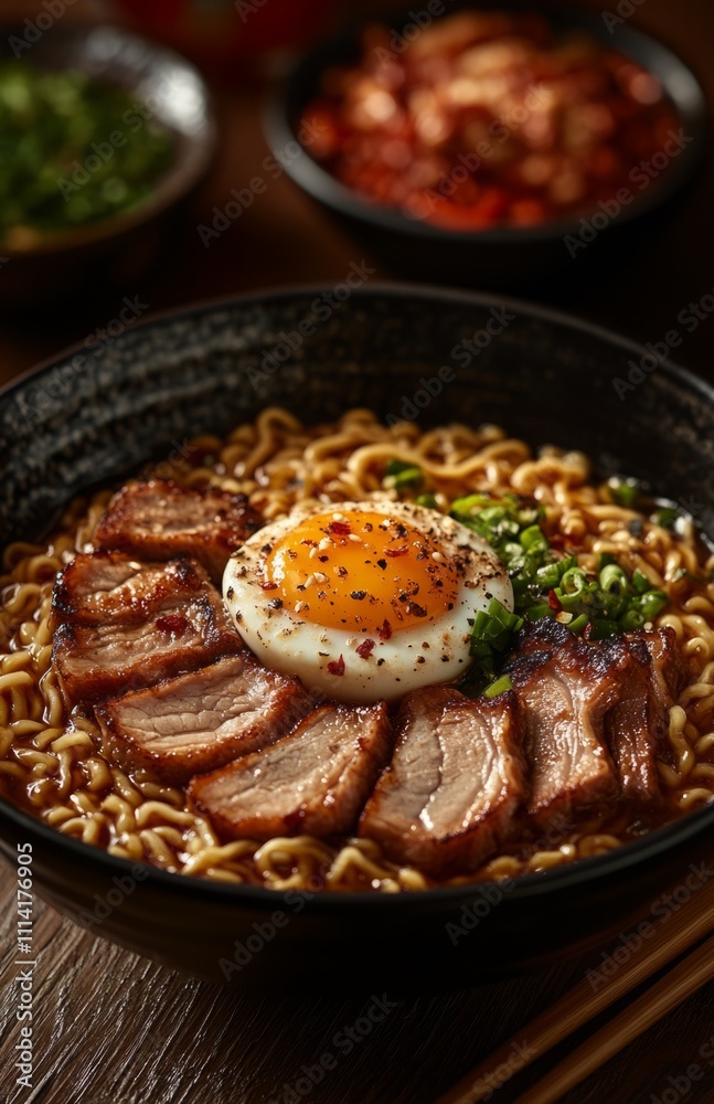A bowl of ramen with noodles, pork slices, and an egg in the middle A bowl of ramen with noodles, pork slices, and an egg in the middle