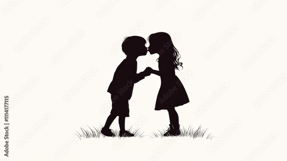 Children sharing a sweet first kiss in a romantic moment Children sharing a sweet first kiss in a romantic moment