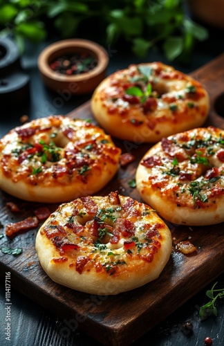 Pizza bagels with garlic and bacon on a dark background