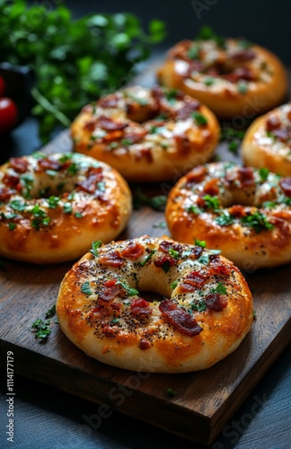 Pizza bagels with garlic and bacon on a dark background