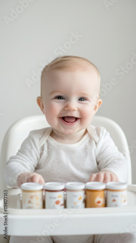 Joyful baby in high chair with healthy baby food for mealtime delight