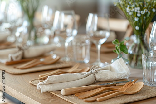 Natural living supports eco zero-waste. Elegant dining table setup with glassware and c... photo