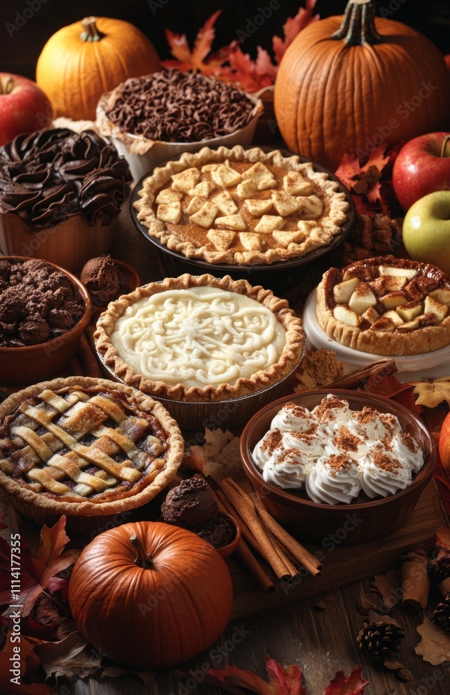Assorted Pumpkin and Apple Pie Dishes on Rustic Table Assorted Pumpkin and Apple Pie Dishes on Rustic Table
