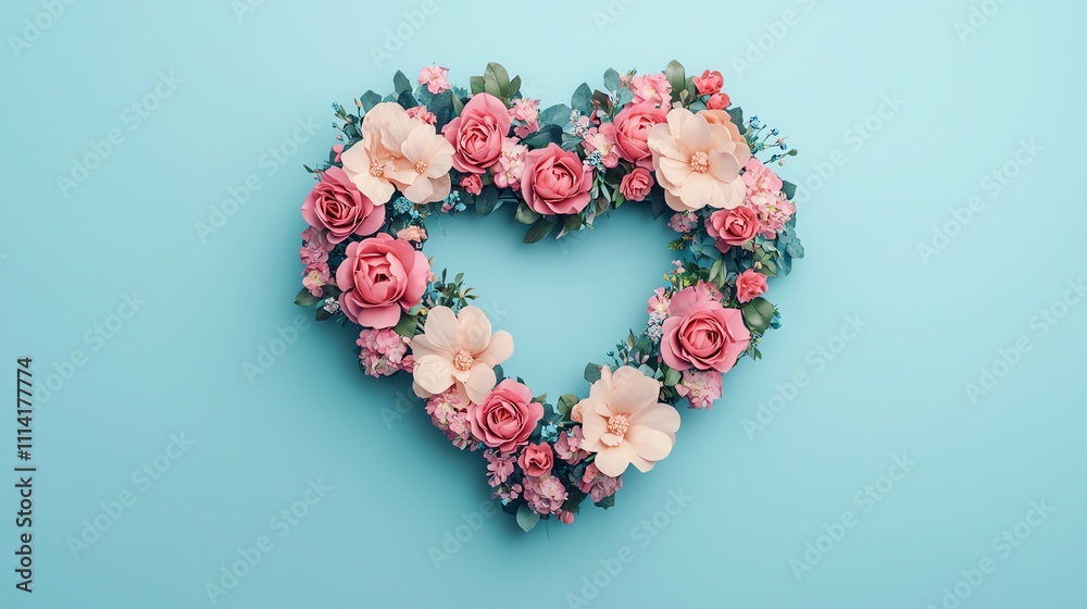 A heart-shaped arrangement of pink and white flowers against a light blue background, symbolizing love and beauty. A heart-shaped arrangement of pink and white flowers against a light blue background, symbolizing love and beauty.