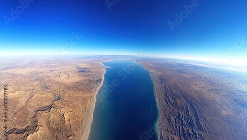 Stunning aerial view of a vast desert landscape meeting a serene blue sea, showcasing the dramatic contrast between arid land and aquatic expanse.