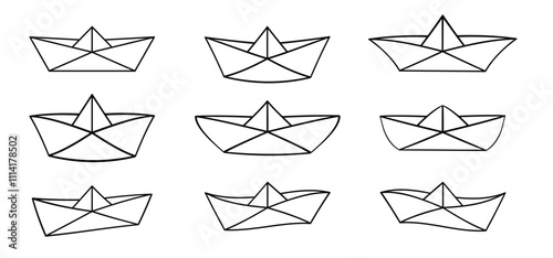 Cartoon paper boat, paper ship. Paper sailing boats. Line folded ships pattern. Water wave sign. Leadership concept idea. Origami paper.