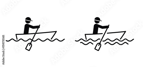 Cartoon rowing boat and paddle icon. Pleasure row boat with oars. Rowing, rower silhouette. Water transport, fishing boat.Maritime kayak boat. Water wave. rowboat for fun and holiday sports.