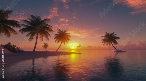 Tranquil paradise beach with palm trees at dawn or sunset, serene tropical scenery