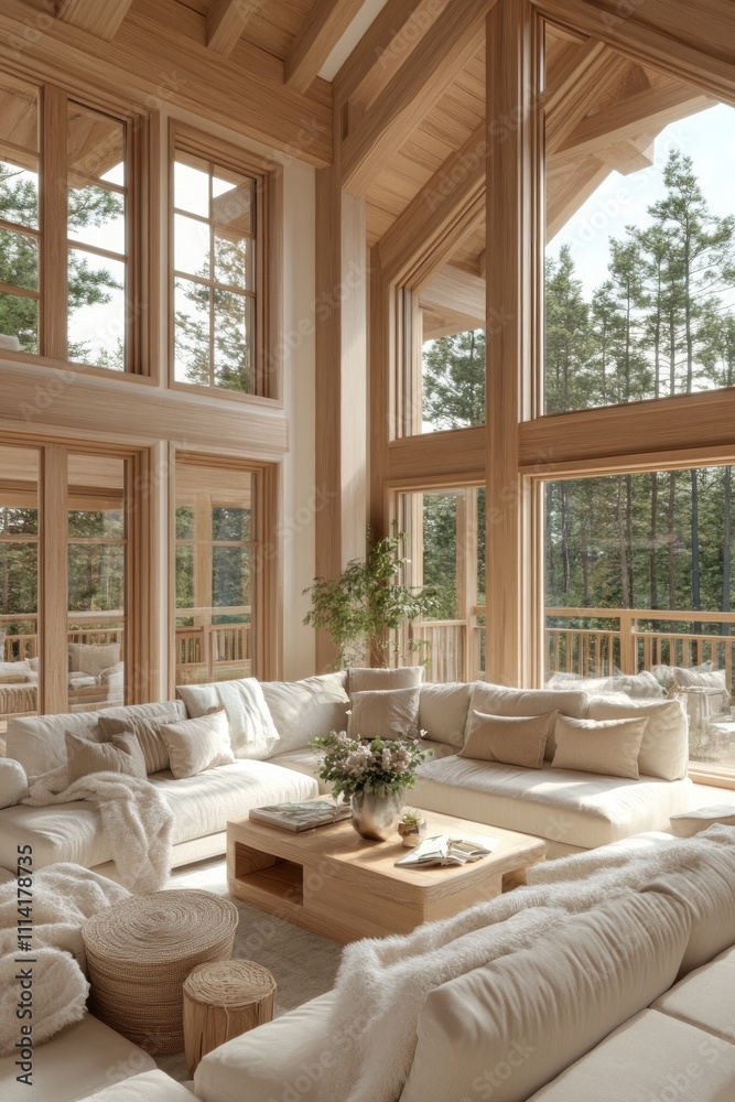 Fototapeta premium Loft house design featuring spacious living area with large windows and natural wood accents in a serene forest setting