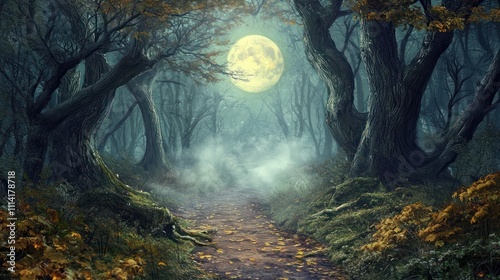 A mysterious forest scene with a moonlit path and fog, creating an enchanting Halloween backdrop.