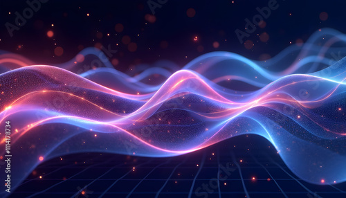 Abstract illustration of technology, vibrant digital flows forming complex wave patterns, iridescent hues with metallic highlights, deep shadow background with fine technological mesh