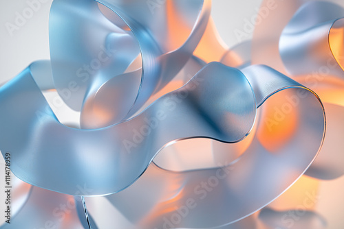 A captivating 3D abstract render featuring interwoven, translucent wave-like ribbons in vibrant blue and orange gradients. 