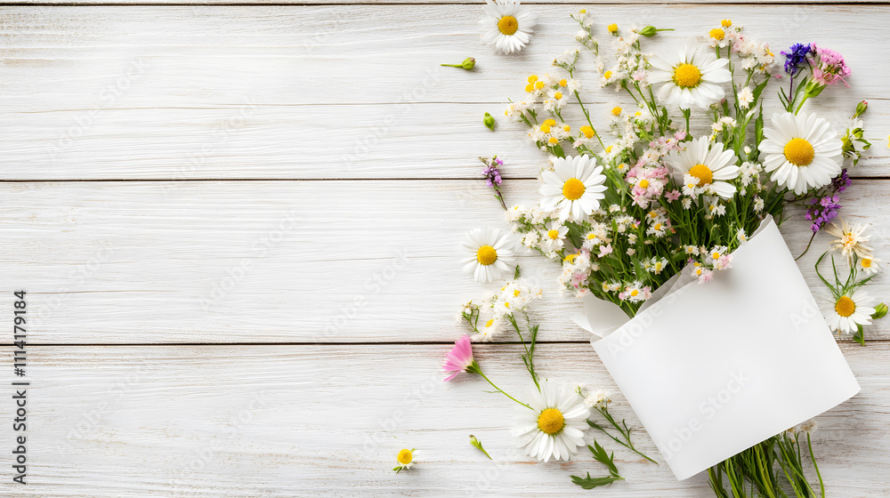 Obraz premium bouquet of assorted wildflowers in white paper, bright and cheerful
