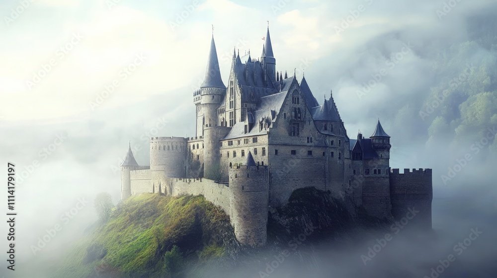 Fototapeta premium Majestic castle rising from misty mountains fantasy landscape digital art enchanted realm aerial view imagination unleashed
