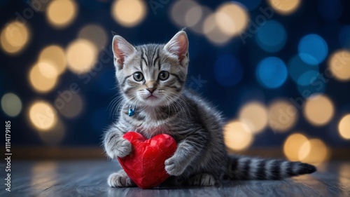 Adorable tabby kitten holding a red heart on a glittery surface with a bokeh background, symbolizing love and affection. Valentines day