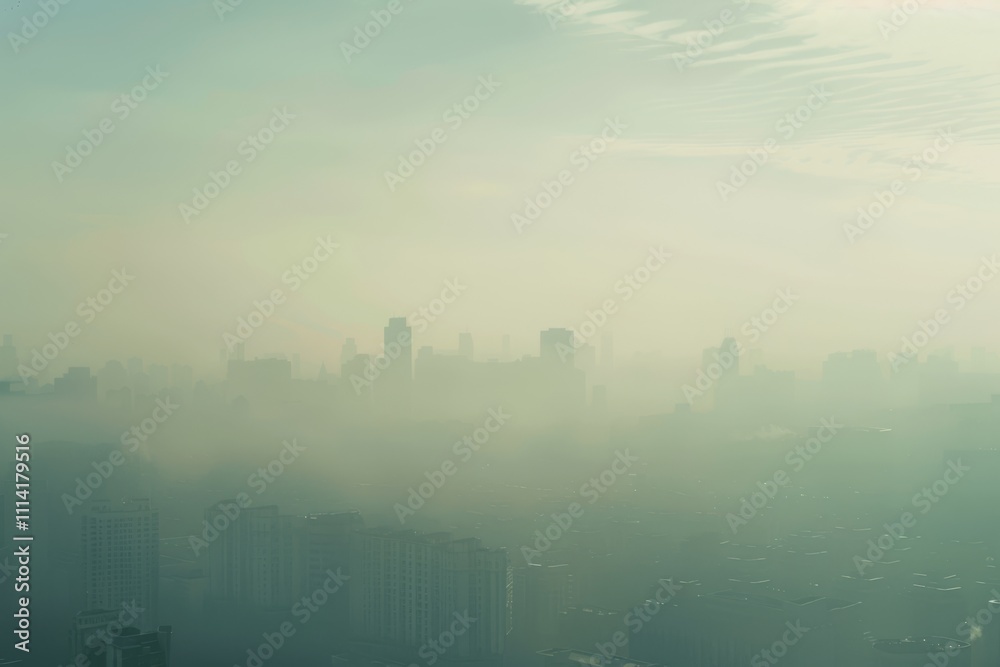 Fototapeta premium Foggy Cityscape Obscured by Thick Smog in Urban Environment Featuring Silhouetted Buildings and a Hazy Skyline