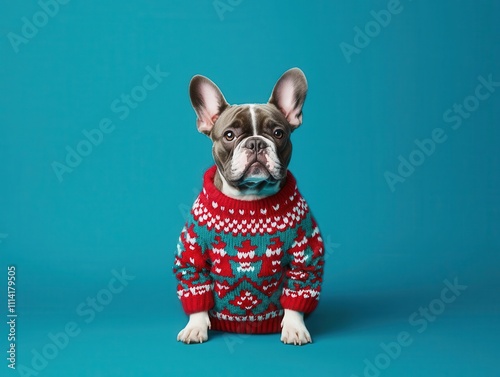 A festive French Bulldog wearing a colorful holiday sweater against a bright turquoise background.