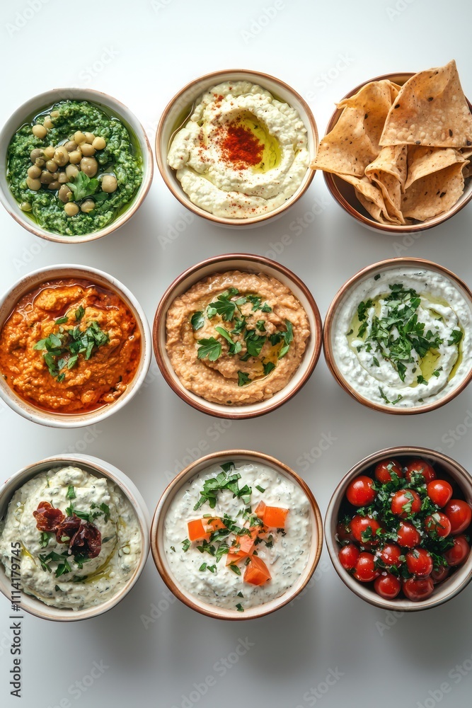A neat arrangement of bowls with various dips against a white background. A neat arrangement of bowls with various dips against a white background.