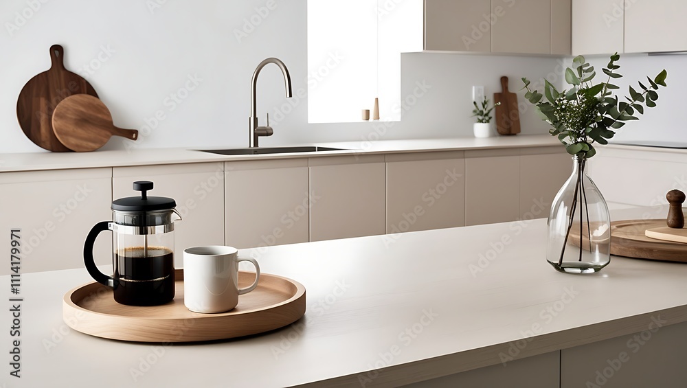 Modern minimalist kitchen in whites and grays. Features sleek matte cabinetry, wooden accents, a central island with a French press, and eucalyptus for a serene touch. Modern minimalist kitchen in whites and grays. Features sleek matte cabinetry, wooden accents, a central island with a French press, and eucalyptus for a serene touch.