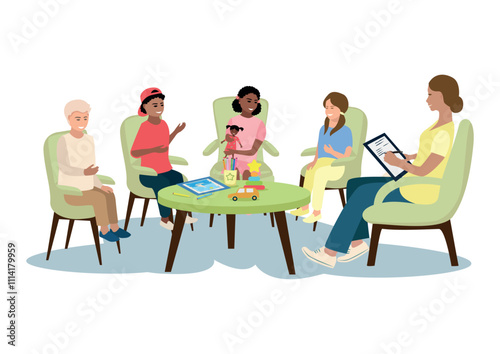 Happy boys and girls of different nationalities sitting at group therapy with psychologist. Vector illustration in flat style on white background.