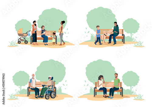 People of different ages and nationalities walk in the park. Families with children, elderly and young couples, friends spend time together. Set of vector horizontal illustrations.