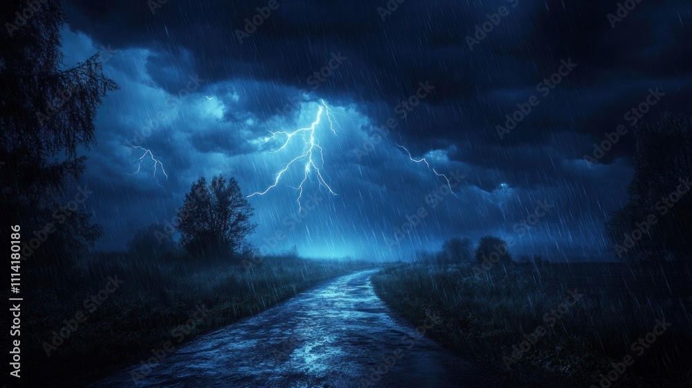 Fototapeta premium A stormy night with electric rain falling from the sky.