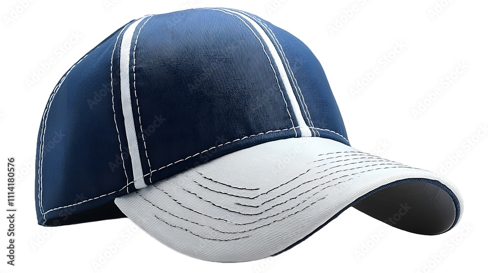 A blue and white baseball cap isolated on a transparent background, highlighting sporty fashion, casual style, and versatile headwear, ideal for branding, team merchandise, or everyday accessory desig A blue and white baseball cap isolated on a transparent background, highlighting sporty fashion, casual style, and versatile headwear, ideal for branding, team merchandise, or everyday accessory desig