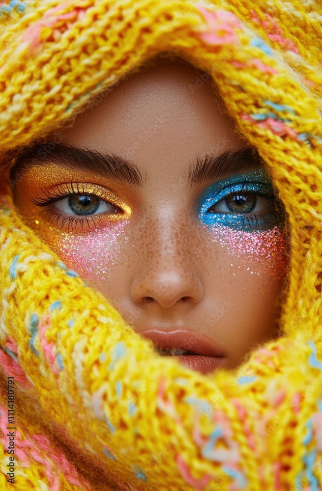 Close-up of vibrant eye makeup with colorful knitted yellow background Close-up of vibrant eye makeup with colorful knitted yellow background