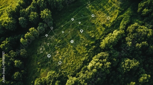 Aerial view of land with network markers representing land development planning and connectivity