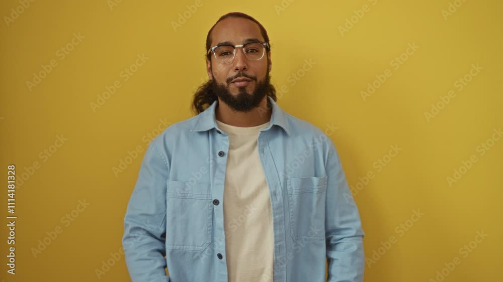 Confident man with beard and glasses crosses arms on bright yellow background wearing casual clothing, exuding modern style and expressing positivity, isolated for diverse concepts. Confident man with beard and glasses crosses arms on bright yellow background wearing casual clothing, exuding modern style and expressing positivity, isolated for diverse concepts.