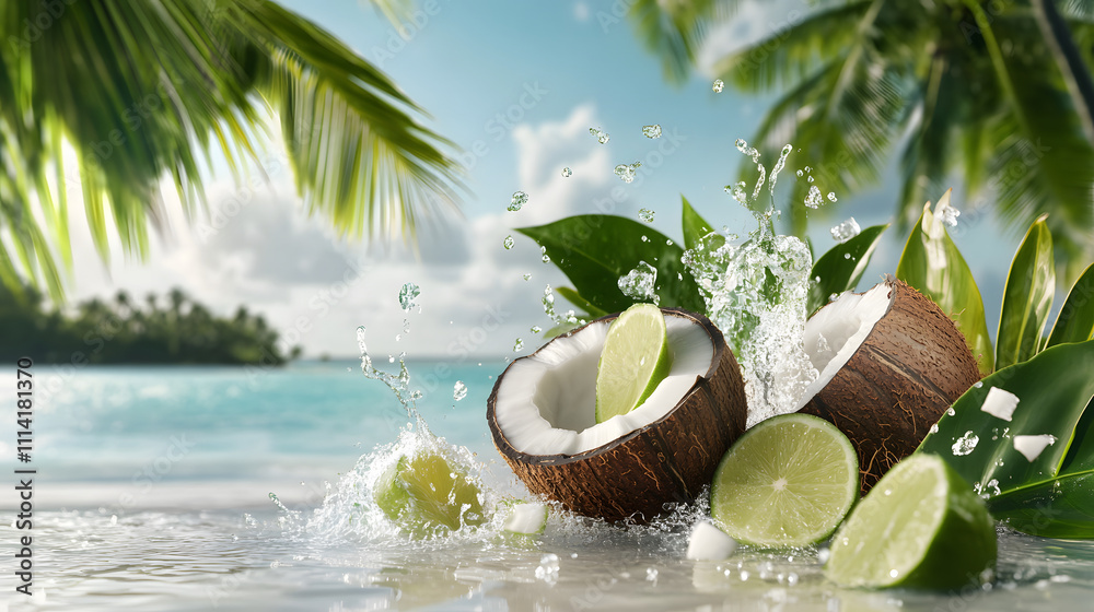 Obraz premium Fresh coconut halves with lime splashing in tropical setting