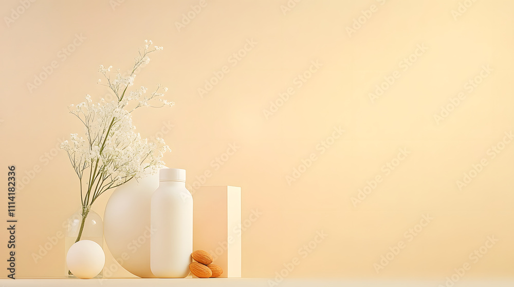 Minimalist composition with almond milk, almonds, and flowers Minimalist composition with almond milk, almonds, and flowers