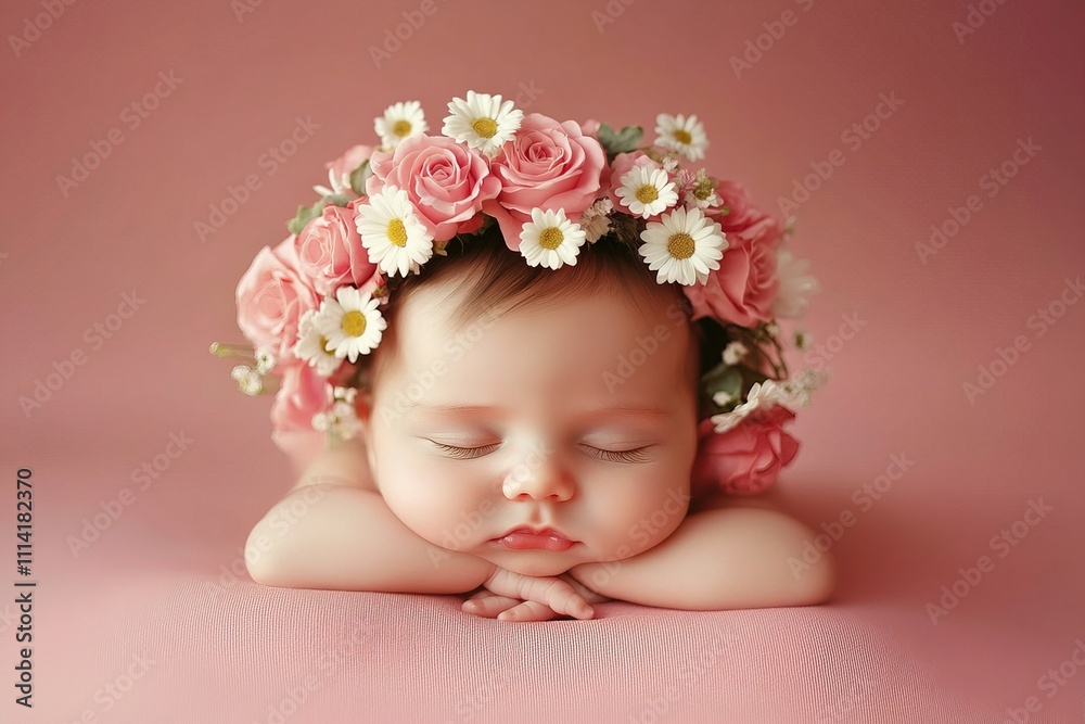 portrait adorable newborn girl in a pink and white flower crown, sleeping in a floral wreath on pastel background portrait adorable newborn girl in a pink and white flower crown, sleeping in a floral wreath on pastel background