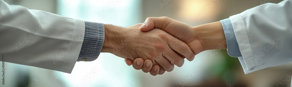 Someone is shaking hands with another person in a lab coat, doctor’s hand Someone is shaking hands with another person in a lab coat, doctor’s hand