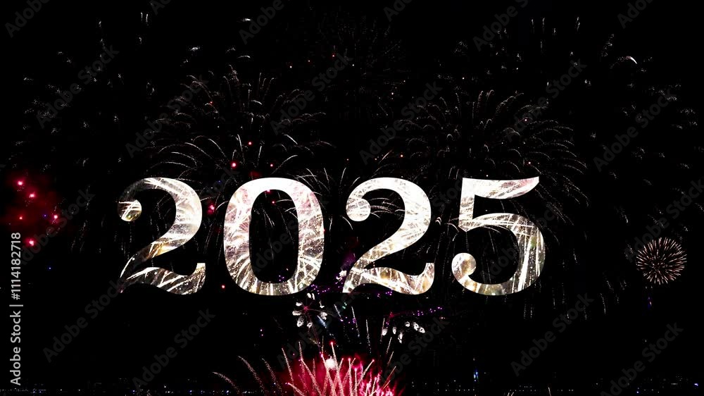 Happy New Year 2025 background illumination, fireworks in night sky. Firework sparkler banner video Happy New Year 2025 background illumination, fireworks in night sky. Firework sparkler banner video