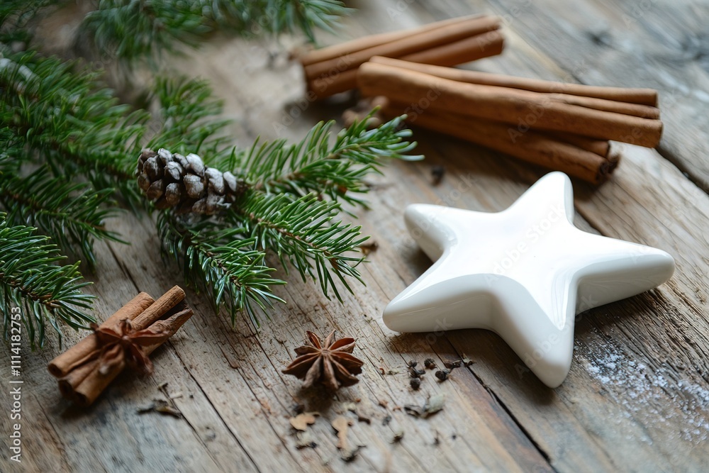 close-up simple white ceramic star on a wooden table with fir branches and scattered cinnamon sticks close-up simple white ceramic star on a wooden table with fir branches and scattered cinnamon sticks