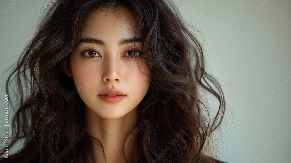 Beauty portrait of a young Korean woman with flowing dark hair and captivating expression, showcasing natural features Beauty portrait of a young Korean woman with flowing dark hair and captivating expression, showcasing natural features