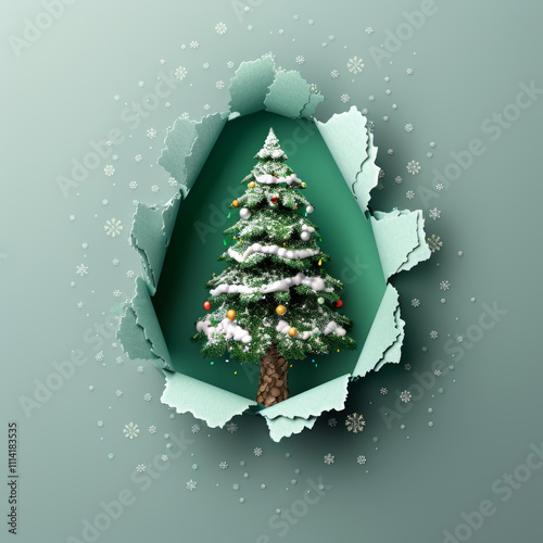 Three-dimensional Christmas tree peeking out of a paper hole, advertising banner, New Year's concept