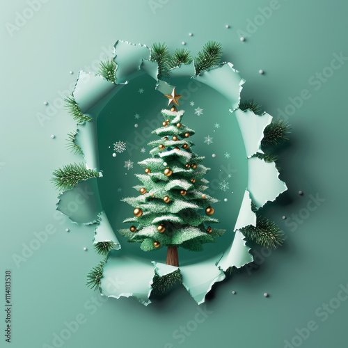 Three-dimensional Christmas tree peeking out of a paper hole, advertising banner, New Year's concept