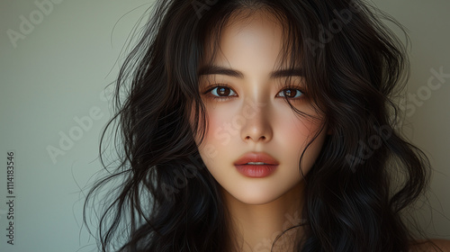 Captivating portrait of a Korean woman with beautiful long hair in soft light showcasing natural beauty and grace