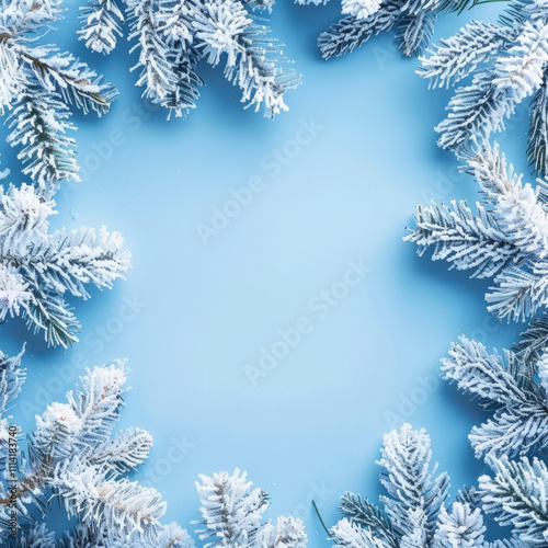 beautiful New Year background, with snow-covered fir branches, top view