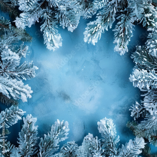 beautiful New Year background, with snow-covered fir branches, top view