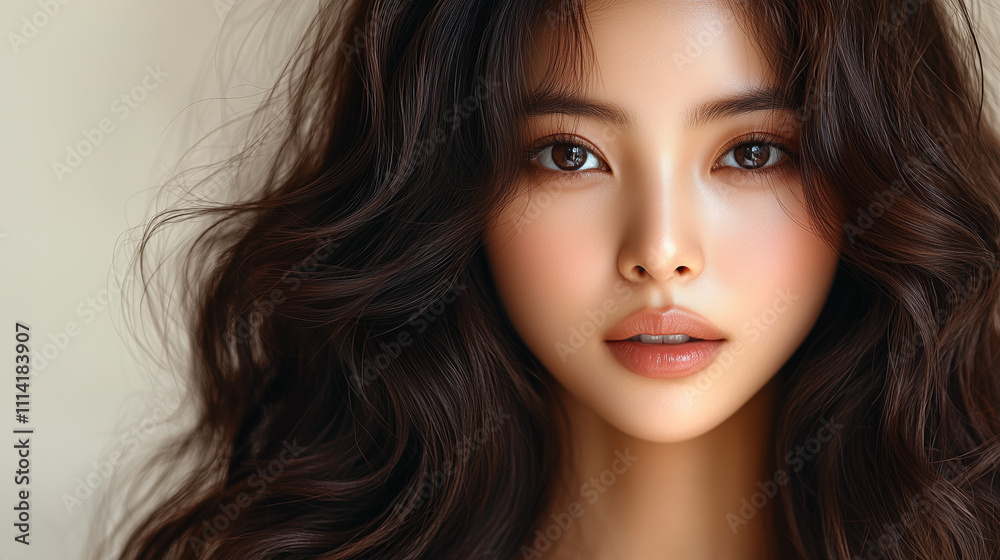 Captivating portrait of a young Korean woman with flowing, wavy hair in soft natural light Captivating portrait of a young Korean woman with flowing, wavy hair in soft natural light