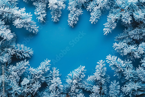 beautiful New Year background, with snow-covered fir branches, top view