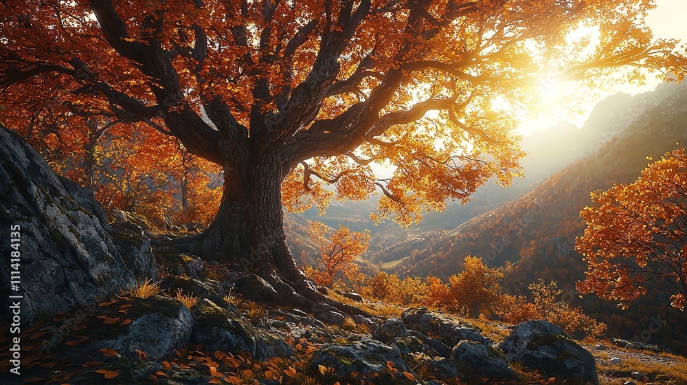Majestic beech tree with sunny beams at autumn morning Majestic beech tree with sunny beams at autumn morning