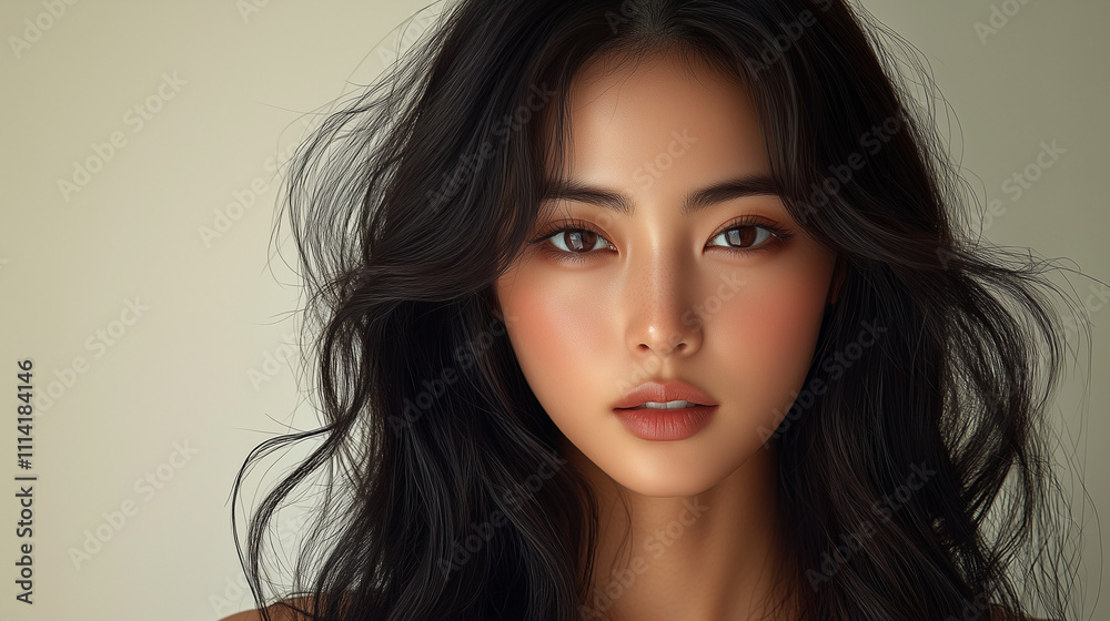 Naklejka premium Portrait of a Korean woman with flowing dark hair showcasing natural beauty in a soft light setting