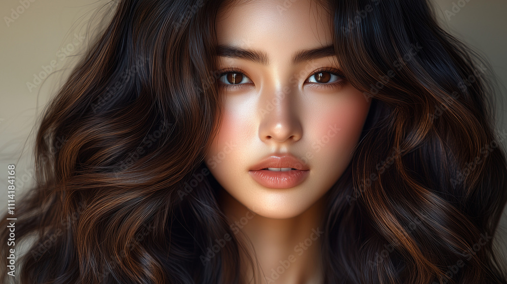 Beautiful woman with long, wavy hair poses close-up with soft makeup in a serene setting Beautiful woman with long, wavy hair poses close-up with soft makeup in a serene setting