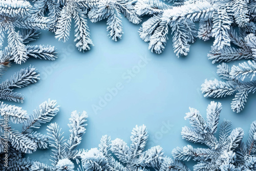 beautiful New Year background, with snow-covered fir branches, top view