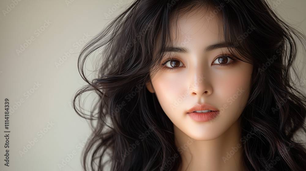 Korean woman with flowing dark hair against a soft background, showcasing natural beauty and elegance in a relaxed moment Korean woman with flowing dark hair against a soft background, showcasing natural beauty and elegance in a relaxed moment