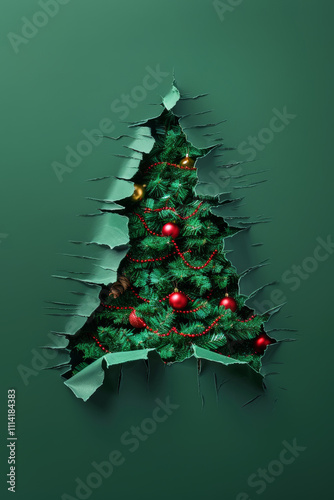 Three-dimensional Christmas tree peeking out of a paper hole, advertising banner, New Year's concept
